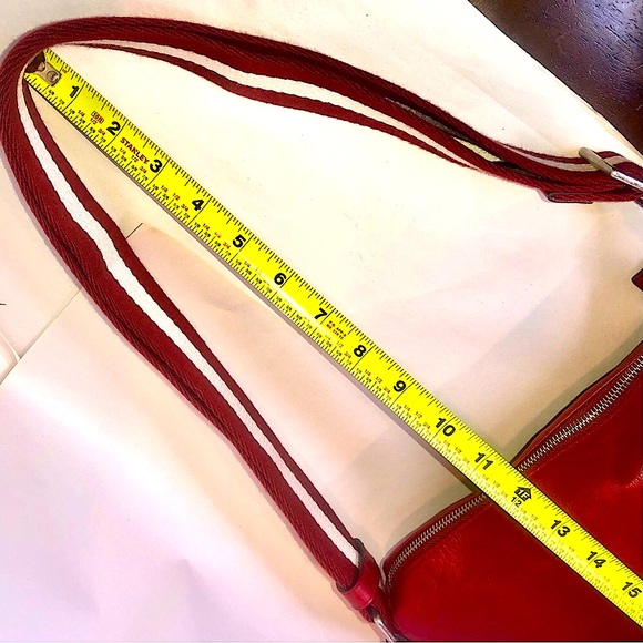 BALLY Red Leather Top Zip Messenger Shoulder Bag w/ Red White Striped Strap - Picture 12 of 17